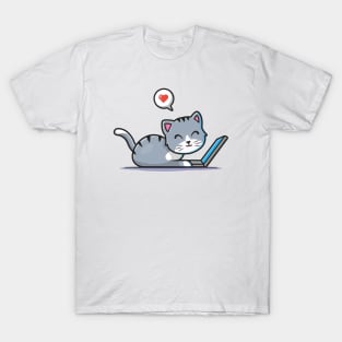 Cute Cat Working On Laptop With Coffee Cup Cartoon Vector Icon Illustration (3) T-Shirt